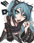  ! !! 1girl absurdres aqua_eyes aqua_hair belt_collar black_collar black_nails black_shirt black_skirt black_thighhighs bracelet collar collarbone commentary detached_sleeves eyelashes hatsune_miku headset highres jewelry long_hair looking_at_viewer mikuneki nail_polish open_mouth shirt simple_background skirt sleeveless sleeveless_shirt solo spiked_bracelet spiked_collar spiked_headphones spikes spoken_skull thighhighs tongue tongue_out twintails vocaloid white_background 