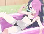  1girl bikini bitseon black_bikini black_hair black_nails blush breasts commentary commission english_commentary food hair_over_one_eye highres holding holding_food holding_popsicle licking_food long_hair looking_at_viewer multicolored_hair nail_polish navel original outdoors partially_submerged pink_hair pinky_out popsicle purple_eyes small_breasts solo split-color_hair string_bikini swimsuit tongue tongue_out two-tone_hair v-shaped_eyebrows wading_pool 