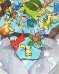 arms_behind_head bayleef bright_pupils bud charmeleon closed_eyes combusken commentary croconaw cropped crossed_arms dewott english_commentary fire flame-tipped_tail from_above grotle grovyle highres hisuian_avalugg ivysaur leaf lying marshtomp mofinngram monferno nostrils on_stomach open_mouth orange_eyes painting_(medium) pignite pikachu pokemon pokemon_(creature) pokemon_focus prinplup quilava red_eyes riding riding_pokemon sitting sleeping smile tail traditional_media wartortle watercolor_(medium) white_pupils 