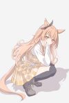  1girl animal_ears belt black_thighhighs blush bow brown_ribbon buckle cherry_necklace closed_mouth commentary dress ear_bow ear_ribbon food-themed_necklace hair_between_eyes hands_on_own_cheeks hands_on_own_face heart heart-shaped_buckle highres horse_ears horse_girl horse_tail jewelry long_hair long_sleeves looking_at_viewer mayano_top_gun_(casual)_(umamusume) mayano_top_gun_(umamusume) necklace orange_eyes orange_hair plaid_clothes plaid_dress ribbon shirt simple_background skirt smile solo squatting tail thighhighs tofu_thunder two_side_up umamusume vest white_belt white_shirt yellow_skirt yellow_vest 