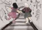  2girls bare_arms black_hair black_shirt brown_capelet capelet dress from_behind full_body green_skirt grey_vest haru_(len'en) high-waist_skirt highres len'en long_dress long_hair long_shadow long_sleeves medium_hair medium_skirt multiple_girls otogisum3 pink_dress pink_socks railroad_tracks shirt shitodo_hoojiro short_sleeves skirt socks sparkle star_(symbol) vest walking white_background white_hair white_socks wide_sleeves 