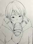  1girl blush commentary_request croissant eating food greyscale hand_up holding holding_food hood hood_down hoodie long_sleeves looking_at_viewer monochrome original parted_bangs pen_(medium) photo_(medium) short_hair solo traditional_media upper_body very_short_hair yoshimizm 