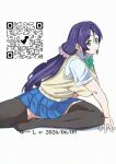  1girl :o black_thighhighs blue_skirt bow breasts commentary_request green_bow green_eyes large_breasts long_hair looking_at_viewer love_live! love_live!_school_idol_project otonokizaka_school_uniform purple_eyes qr_code school_uniform shirt simple_background sitting skirt solo sweater thighhighs tojo_nozomi twintails white_background yuusha_(2_dimension) 