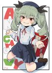  1girl absurdres aged_down anchovy_(girls_und_panzer) anzio_school_uniform backpack bag blue_socks blush brown_shoes character_name crime_prevention_buzzer drill_hair girls_und_panzer grey_hair grin hat highres holding kneeling kuroneko_douji long_hair looking_at_viewer randoseru red_eyes school_uniform shirt shoes smile socks solo teeth twintails white_shirt 