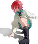  1girl amate_yuzuriha aqua_eyes aqua_shirt aqua_skirt black_boots boots chinese_commentary collared_shirt commentary_request full_body grey_socks grey_sweater gundam hair_between_eyes highres legs long_sleeves looking_at_viewer medium_hair miniskirt necktie open_mouth red_hair red_necktie shirt shirt_under_sweater simple_background skirt socks solo squatting sweater teeth upper_teeth_only white_background zhileng_zhil 