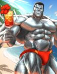 1boy abs absurdres bara beach biceps blue_sky cocktail_glass colossus_(x-men) commentary_request cup drinking_glass flower hibiscus highres holding holding_cup looking_at_viewer male_focus male_swimwear marvel muscular muscular_male navel nipples ocean one_eye_closed pectorals red_male_swimwear sky smile sun topless_male watermark x-men yama7932838861 