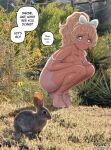  1girl artist_name barbie_(fellatrix) blonde_hair blue_eyes breasts bush dark-skinned_female dark_skin english_text fellatrix fingernails grass highres large_breasts long_fingernails long_hair original photo_background pink_shoes pink_shorts pink_tank_top rabbit shoes shorts speech_bubble squatting tank_top 