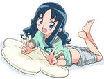  :d ass barefoot blue_eyes blue_hair blush_stickers double_v heartcatch_precure! heriyama kurumi_erika legs_up long_hair lying no_panties on_stomach open_mouth precure shorts shorts_pull smile solo v 