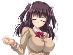  1girl aomi_riru black_hair blush bow bowtie breasts brown_cardigan cardigan closed_eyes closed_mouth collared_shirt game_asset hair_between_eyes hair_ribbon hand_up kogure_miori large_breasts large_variant_set long_hair long_sleeves non-web_source official_art raised_inner_eyebrows red_bow ribbon school_uniform self-datamine shirt sidelocks simple_background solo standing tachi-e transparent_background two_side_up upper_body variant_set white_ribbon white_shirt yumemi_ga_cheek! 