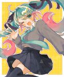  1girl ahoge aqua_hair aqua_necktie black_skirt black_thighhighs blush gradient_hair grey_sweater grid_background hatsune_miku highres long_hair looking_at_viewer mizunidoufu multicolored_hair necktie one_eye_closed open_mouth outline pink_hair shirt skirt solo sweater thighhighs twintails very_long_hair vocaloid white_outline white_shirt yellow_background 