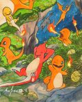  alternate_color arms_behind_head berry_(pokemon) breath_weapon breathing_fire bush charizard charmander charmeleon claws closed_eyes commentary cropped dragon dragon_wings english_commentary evolutionary_line fangs fire flame-tipped_tail flying food fruit grass highres mofinngram no_humans one_eye_closed open_mouth outdoors painting_(medium) pinap_berry pokemon pokemon_(creature) pokemon_focus shiny_and_normal shiny_pokemon signature smile tail traditional_media water watercolor_(medium) wings 