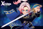  1girl absurdres black_bow black_sleeves blue_eyes bow closed_mouth hair_bow highres holding holding_sword holding_weapon logo looking_at_viewer medium_hair military_uniform neckerchief pink_hair pointy_ears ponytail protagonist_(xenoblade_genesis) ribbon scabbard scrimblocrimbo sheath star_(sky) starry_sky_background sword weapon xenoblade_chronicles_(series) xenoblade_genesis 