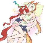  2girls animal_ears black_shorts black_tank_top breasts closed_eyes colored_inner_hair commentary cuddling curtained_hair dot_nose ear_ornament feather_hair_ornament feathers hair_ornament halftone halftone_background happy_aura head_on_pillow highres horse_ears horse_girl horse_tail kerberos_(kerbe_) knee_up leg_on_another's_leg long_hair low_twintails lying medium_breasts midriff_peek multicolored_hair multiple_girls on_back on_side orange_hair orfevre_(umamusume) pajamas parted_lips pillow pink_shorts red_hair red_tail short_shorts shorts size_difference sleeping sleeping_on_person sleeping_together streaked_hair tail tank_top teeth triangle_mouth twintails umamusume untranslatable_commentary v-shaped_eyebrows white_background white_streaks white_tank_top win_variation_(umamusume) yellow_pillow zzz 