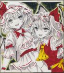  2girls :d ascot bat_wings choker collared_shirt commentary_request fangs flandre_scarlet frilled_choker frilled_shirt_collar frills hajike_akira hat hat_ribbon highres long_hair looking_at_viewer marker_(medium) mob_cap multiple_girls one_side_up open_mouth puffy_short_sleeves puffy_sleeves red_ribbon red_skirt red_vest remilia_scarlet ribbon shikishi shirt short_hair short_sleeves siblings sisters skirt smile touhou traditional_media vest white_skirt wings wrist_cuffs yellow_ascot 