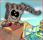  abitofepicness black_sclera blue_sky border character_name closed_mouth cloud colored_sclera commentary crack dated day english_commentary full_body mario_(series) no_humans outline pink_border rayman_limbs sky smile solo super_mario_3d_land wallop_(mario) yellow_eyes yellow_outline 