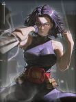  1girl belt boku_no_hero_academia breasts commentary cowboy_shot explosive eyelashes foreshortening grabbing_own_hair grenade hand_on_own_cheek hand_on_own_face highres holding_own_hair impossible_clothes impossible_sweater lady_nagant large_breasts looking_at_viewer medium_hair muscular muscular_female pants parted_bangs parted_lips purple_eyes purple_hair purple_pants purple_sweater rain red_belt sanpaku shitakara4 sleeveless sleeveless_turtleneck solo standing sweater turtleneck twitter_username 
