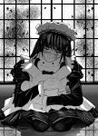  apron black_dress blush chainsaw_man cloudbuster_104 commentary doll dress english_commentary frilled_dress frills greyscale highres hug maid maid_apron maid_headdress monochrome ringed_eyes scar scar_on_cheek scar_on_face sidelocks sitting wariza yoru_(chainsaw_man) 