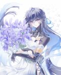  1girl black_hair blue_hair blue_ribbon bouquet breasts colored_inner_hair commentary cross-laced_clothes cross-laced_dress dress flower hair_ribbon half_updo highres holding holding_bouquet iris_(flower) long_hair looking_at_viewer medium_breasts multicolored_hair parted_lips punishing:_gray_raven purple_eyes purple_flower ribbon selena:_capriccio_(pgr) selena_(pgr) simple_background smile solo strapless strapless_dress tsukimiriaoi upper_body very_long_hair white_background white_dress white_flower 