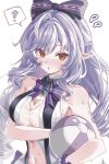  1girl :o ? ahoge arm_under_breasts ball bare_shoulders beachball black_bow blush bow bowtie breasts cleavage cleavage_cutout clothing_cutout commentary drill_hair drill_sidelocks frilled_wrist_cuffs frills geumxxi hair_bow heart_cutout highres holding holding_ball holding_beachball hugging_object large_breasts long_hair looking_at_viewer navel navel_cutout official_alternate_costume one-piece_swimsuit pointy_ears purple_bow purple_bowtie purple_hair red_eyes sidelocks simple_background solo spoken_question_mark stomach_cutout striped_bow sweat swimsuit two-tone_one-piece_swimsuit untranslatable_commentary upper_body very_long_hair vivian_banshee vivian_banshee_(iris_of_the_shore) wet white_background white_hair white_one-piece_swimsuit wrist_cuffs zenless_zone_zero 