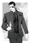  1boy absurdres border champagne_flute commentary_request cowboy_shot cup dress_shirt drinking_glass eyepatch grey_background greyscale head_tilt highres holding holding_cup horohnkn jacket looking_at_viewer majima_goro male_focus medium_hair monochrome necktie outside_border pants ponytail ryuu_ga_gotoku_(series) ryuu_ga_gotoku_0 shirt simple_background suit suit_jacket two-tone_background vest waistcoat white_background white_border 