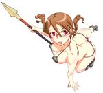  bikini boots breasts butt_crack copyright_request downpants foreshortening from_above glasses large_breasts oono_tsutomu polearm solo spear swimsuit weapon 