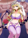  blonde_hair bra breasts bursting_breasts cleavage curvy elbow_gloves eyes fuwakuyuu gap garter_belt gloves hat highres huge_breasts legs light_smile lingerie long_hair looking_at_viewer navel panties purple_eyes sin_sack sitting solo thigh_gap thighhighs thighs touhou underwear underwear_only white_gloves wide_hips yakumo_yukari 