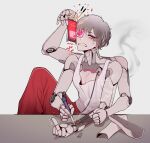 1girl cellphone cyborg extra_arms grey_hair highres limbus_company mechanical_arms misg1111 phone project_moon prosthesis prosthetic_arm red_eyes repairing sasha_(project_moon) smartphone soldering soldering_iron solo tank_top 