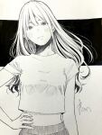  1girl arm_at_side blush closed_mouth commentary_request crew_neck crop_top cropped_shirt double-parted_bangs expressionless greyscale hand_on_own_hip highres long_hair looking_at_viewer midriff monochrome original pen_(medium) short_sleeves sketch solo straight_hair traditional_media upper_body yoshimizm 