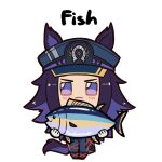  1girl animal animal_ears black_boots black_hair black_jacket black_pants blush boots chibi closed_mouth commentary ears_through_headwear fenomeno_(black_flames_of_the_righteous_spirit)_(umamusume) fenomeno_(umamusume) fish flipped_hair gloves hat highres holding holding_animal holding_fish horse_ears horse_girl horse_tail horseshoe_hat_ornament horseshoe_ornament jacket long_hair long_sleeves looking_at_viewer manhattan_cafe_holding_a_fish_(meme) meme multicolored_hair pandamonium_(pandamon00) pants peaked_cap purple_eyes purple_hair shirt tail umamusume untranslatable_commentary white_gloves 