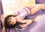  braid brown_hair camisole copyright_request flat_chest highres kobayashi_yuuji lying nipples on_back open_mouth panties pillow purple_panties see-through solo sweat twin_braids underwear underwear_only yellow_eyes 