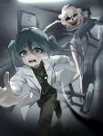  aqua_eyes aqua_hair beret black_pants black_shirt blonde_hair chasing colored_teeth commentary_request crying crying_with_eyes_open double_bun fleeing hair_bun hallway hat hatsune_miku hayaku_nigenakya_(vocaloid) holding holding_id_card hollow_eyes id_card lab_coat monsterification open_mouth pants red_teeth saxophone_8 shirt smile stool tears thick_eyelashes twintails ui_(voisona) vocaloid voisona 
