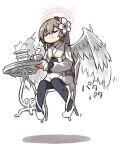  1girl afterimage anger_vein black_neckerchief black_pantyhose blue_archive chair closed_eyes collared_shirt commentary_request cup datemegane dress feathered_wings flower flying full_body grey_hair gun hair_flower hair_ornament halo handgun highres holding holding_cup holding_table long_hair long_sleeves motion_lines nagisa_(blue_archive) neckerchief pantyhose shirt shoes sitting smile solo sound_effects steam teacup tiered_tray walther_ppk weapon white_dress white_shirt white_shoes wings 