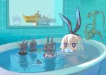  >_< +++ 1girl :3 absurdres air_bubble bathing bathtub blonde_hair blowing_bubbles blue_eyes blush_stickers bubble commentary_request faucet hair_between_eyes hairband highres in_bathtub kantai_collection long_hair partially_submerged rensouhou-chan shark_fin shimakaze_(destroyer) shimakaze_(kancolle) sparkle tile_wall tiles torahico trophy water 