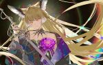  1girl absurdres animal_ear_fluff animal_ears arknights arknights:_endfield bare_shoulders black_background black_coat black_dress blonde_hair braid breasts chinese_commentary coat collarbone commentary_request dress floating_hair flower flower_on_chest fox_ears fox_girl highres holding holding_sword holding_weapon long_hair looking_at_viewer neck_tattoo off_shoulder official_alternate_costume open_clothes open_coat orange_eyes purple_flower reverse_grip ringein scar scar_on_cheek scar_on_face simple_background single_braid small_breasts smile strapless strapless_dress sword tattoo very_long_hair vulpisfoglia_(arknights) vulpisfoglia_(out_of_focus)_(arknights) weapon 