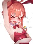  1girl absurdres angry animal_ears arm_under_breasts arm_up armpit_focus armpits asymmetrical_bangs bare_shoulders blue_archive blush bow bowtie braid bright_pupils detached_collar english_commentary facing_down fake_animal_ears flat_chest furrowed_brow highres leaning_back leotard looking_at_another mole mole_under_eye neru_(blue_archive) neru_(bunny)_(blue_archive) official_alternate_costume orange_hair oversized_breast_cup playboy_bunny presenting_own_armpit rabbit_ears red_bow red_bowtie red_eyes red_leotard shiny_clothes short_hair single_braided_sidelock solo steaming_body sweat upper_body white_pupils yukurita 