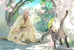  1boy 1other absurdres alternate_hair_length_(longer) brown_shoes cat chinese_clothes chinese_commentary closed_mouth commentary_request dated day dragon_li_cat dutch_angle full_body grass grey_cat hanfu highres jewelry layered_clothes long_hair long_sleeves looking_at_another love_and_deepspace nose official_alternate_costume outdoors parted_bangs pavement red_eyes ring shoes sylus_(love_and_deepspace) very_long_hair watermark weibo_username weibo_watermark white_hair white_hanfu wide_sleeves zhishuo418 