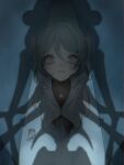  aqua_eyes aqua_hair black_shirt commentary_request hatsune_miku hayaku_nigenakya_(vocaloid) highres id_card jewelry kei_asuka07 lab_coat looking_up monsterification necklace pendant pov pov_shadow scared shadow shirt surprised sweat twintails ui_(voisona) vocaloid voisona wide-eyed 