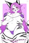  1girl :d animal_ears bikini blush breasts commentary commission cowboy_shot english_commentary furry furry_female heart highres large_breasts long_hair looking_at_viewer mo_(k40633) navel open_mouth original purple_background purple_bikini purple_eyes purple_hair side-tie_bikini_bottom simple_background smile snout solo stomach strap_pull swimsuit tail twitter_username wide_hips 