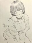 1girl bare_shoulders blush bowl_cut bra_strap closed_mouth commentary_request from_above greyscale highres looking_at_viewer looking_up monochrome no_pants off-shoulder_shirt off_shoulder original pen_(medium) photo_(medium) shirt short_hair short_sleeves sitting solo t-shirt traditional_media very_short_hair yoshimizm 
