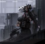  1girl 2girls absurdres ammunition_pouch cityscape cqcnorthfish highres holding holding_weapon load-bearing_vest mecha mecha_musume military military_uniform multiple_girls original pouch robot weapon 