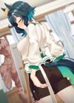  1boy 1girl animal_ears blurry blurry_background blush breasts brown_shorts classroom closed_mouth commentary_request curtains dutch_angle ears_through_headwear easel folded_clothes frills green_hair hat highres horse_ears horse_girl horse_tail indoors kiseki_(miracle_author)_(umamusume) kiseki_(umamusume) medium_breasts poopy shirt short_hair shorts smile solo_focus tail tail_through_clothes trainer_(umamusume) umamusume white_shirt window 