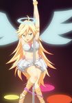  :p ahoge blonde_hair bracelet breasts halo heart jewelry long_hair medium_breasts midriff murata_isshin panties panties_around_ankles panty_&amp;_stocking_with_garterbelt panty_(psg) panty_pull pole pole_dancing skirt skirt_set solo stripper stripper_pole tongue tongue_out underwear wings 