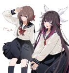  2girls absurdres alternate_costume black_hair black_ribbon blue_eyes blue_sailor_collar blue_skirt blush bow brown_hair closed_mouth columbina_(genshin_impact) english_commentary genshin_impact hair_bow hair_ornament hair_ribbon halation_pupils head_wings highres kneehighs long_hair long_sidelocks long_sleeves looking_at_viewer messy_hair multicolored_hair multiple_girls multiple_wings neckerchief open_mouth pleated_skirt purple_eyes purple_hair purple_streaks ribbon sailor_collar sandrone_(genshin_impact) school_uniform serafuku shirt short_hair short_hair_with_long_locks sidelocks simple_background skirt smile socks streaked_hair two-tone_hair unusually_open_eyes very_long_hair white_background white_shirt white_wings wing_hair_ornament wings xu_(anniechika) 