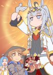  >_< 1boy 2girls ahoge armor ashigaru_(foot_soldier) blue_cloak blue_hair breastplate brown_eyes brown_hair cloak clothing_cutout commentary_request company_connection cropped_jacket crossed_arms crossover curtained_hair cygames dragon gran_(granblue_fantasy) granblue_fantasy grey_eyes grey_hair greyros_(gixcraftwork) hat highres hip_vent holding holding_trophy horse_girl japanese_armor jingasa kote long_sleeves lyria_(granblue_fantasy) multicolored_hair multiple_girls no_mouth oguri_cap_(cinderella_gray)_(umamusume) oguri_cap_(umamusume) soldier tearing_up thai_commentary the_game_awards translation_request trophy umamusume vyrn_(granblue_fantasy) white_hair 