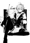  1boy absurdres ahoge aiwo_o_lite belt belt_collar border buttons character_name choker collar collarbone collared_shirt commentary_request fingerless_gloves genshin_impact gloves greyscale hair_between_eyes hair_intakes highres holding holding_knife holding_weapon knife lapels lohen_(genshin_impact) lohen_(standardized_test)_(genshin_impact) male_focus mole mole_under_eye monochrome official_alternate_costume open_collar pants parted_lips pinstripe_pattern pinstripe_vest shirt short_hair sitting smile solo spread_legs vest waistcoat weapon white_border white_shirt 