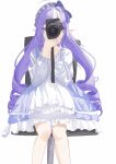  1girl absurdres ahoge alternate_costume blue_dress bow camera chair dress drill_hair frilled_dress frills hairband highres holding holding_camera long_hair looking_at_viewer mimiliaa multicolored_hair on_chair pointy_ears purple_bow purple_hair purple_hairband red_eyes sitting solo streaked_hair vivian_banshee white_dress zenless_zone_zero 