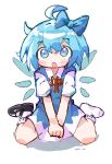  1girl :o ahoge black_shoes blue_bow blue_dress blue_eyes blue_hair blush_stickers bow cirno collared_shirt commentary double-parted_bangs dress full_body hair_between_eyes hair_bow ice ice_wings kuzucirno neck_ribbon open_mouth pinafore_dress red_ribbon ribbon shirt shoes short_hair short_sleeves simple_background single_shoe sitting sleeveless sleeveless_dress socks solo touhou wariza white_background white_shirt white_socks wings 