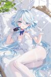  1girl alternate_costume animal_ear_hairband animal_ears black_gloves blue_bow blue_bowtie blue_eyes blue_hair blush bow bowtie breasts commentary_request couch covered_navel cowlick drop-shaped_pupils eyelash_ornament fake_animal_ears frilled_wrist_cuffs frills furina_(genshin_impact) genshin_impact gloves grey_hair hairband heterochromia highres leotard long_hair looking_at_viewer lying multicolored_hair on_couch on_side pantyhose playboy_bunny rabbit_ear_hairband rabbit_ears riku_(rrr_gns) shrug_(clothing) small_breasts solo symbol-shaped_pupils thighband_pantyhose tongue tongue_out wavy_hair white_gloves white_leotard white_pantyhose white_shrug wrist_cuffs 