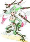  1girl :o blush breasts claws cleavage commentary_request double-parted_bangs dragon_horns dragon_tail full_body green_hair green_horns hair_between_eyes hair_intakes highres horns looking_at_viewer mecha_musume medium_breasts mosuroshyu navel open_mouth original red_eyes short_hair simple_background solo standing tail white_background 