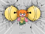  1girl apron artist_name bell checkered_clothes checkered_kimono commentary_request crack cracked_floor emphasis_lines fallen_down green_skirt hair_bell hair_ornament heavy japanese_clothes kimono motoori_kosuzu orange_hair oversized_object ray_u short_hair skirt socks stone_floor touhou two_side_up white_socks yellow_apron 